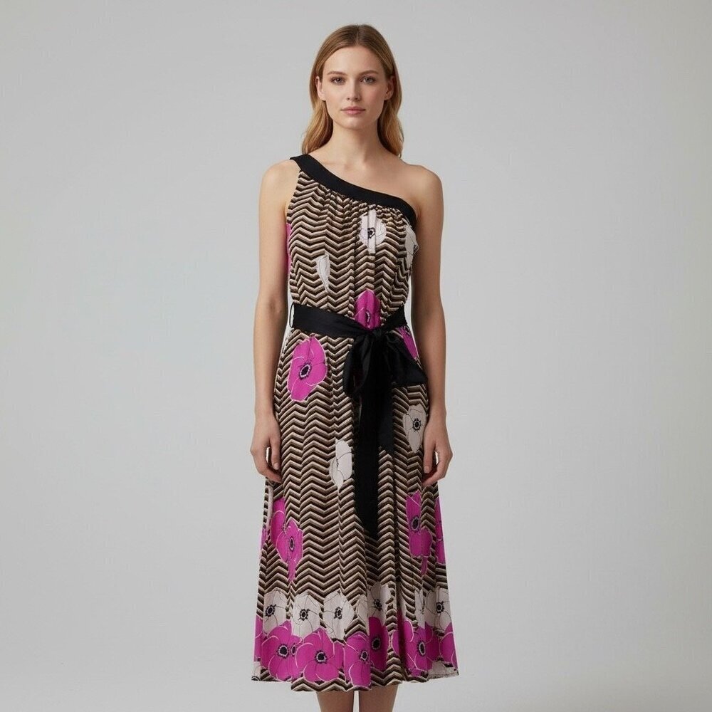 Julie Haus Pink Tan Black Stripe/Floral Silk One Shoulder Dress Size Small